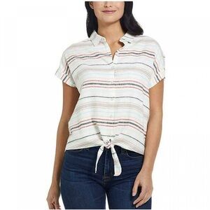 Weatherproof Vintage Striped Linen Blend Tie-Front Blouse XXL Plus Size